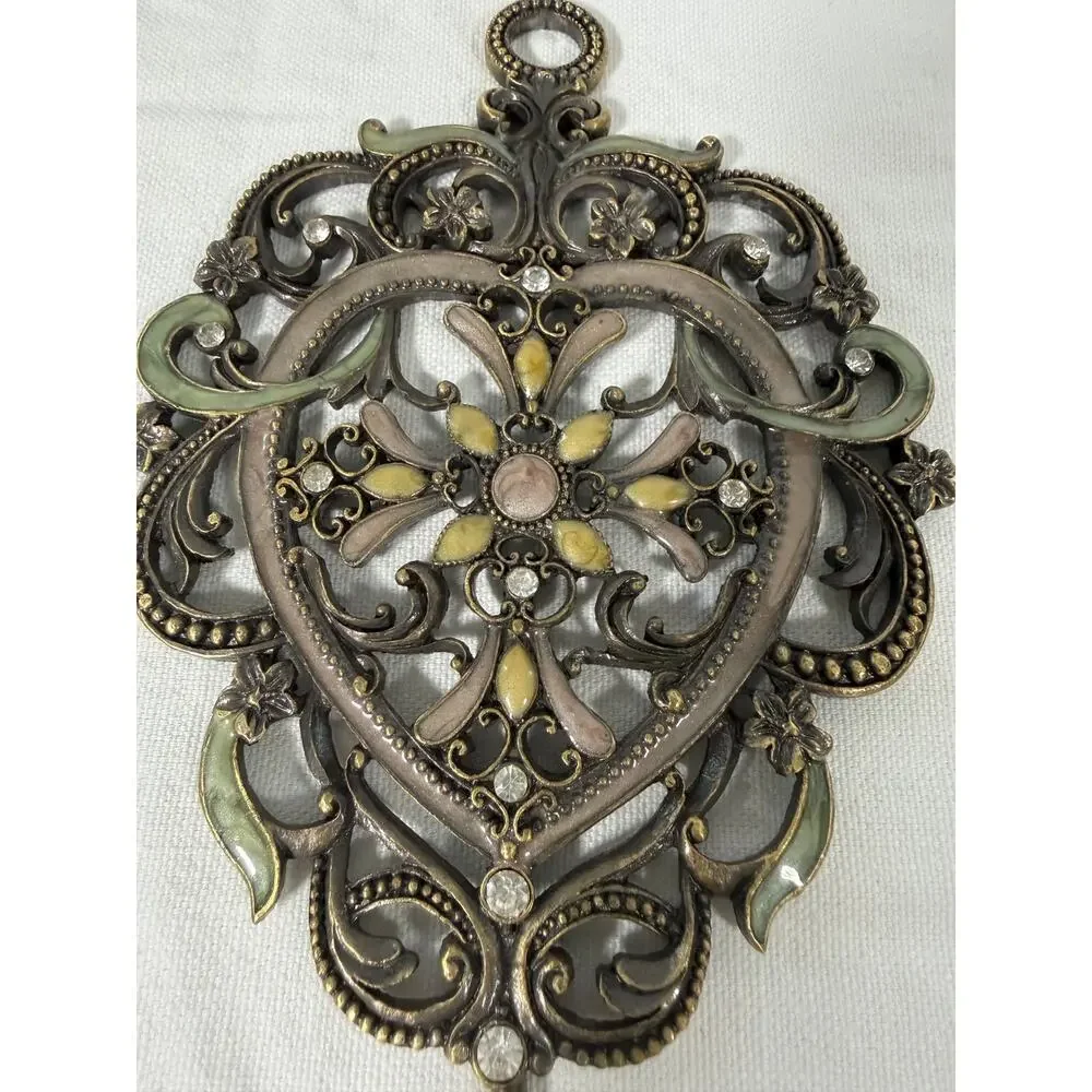 Vintage Collette Style Enameled Jeweled Heart Wall Hook Rhinestone Floral